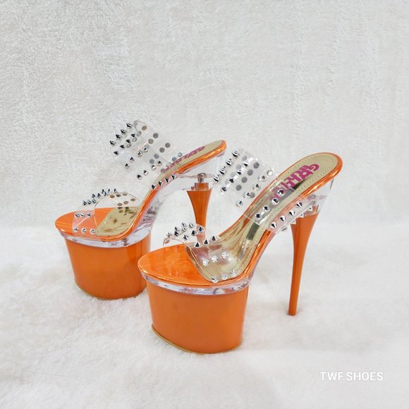 Sleek Slim 8" Towering Platform Heels Orange Double Clear Spiked Straps … - Picture 11 of 12